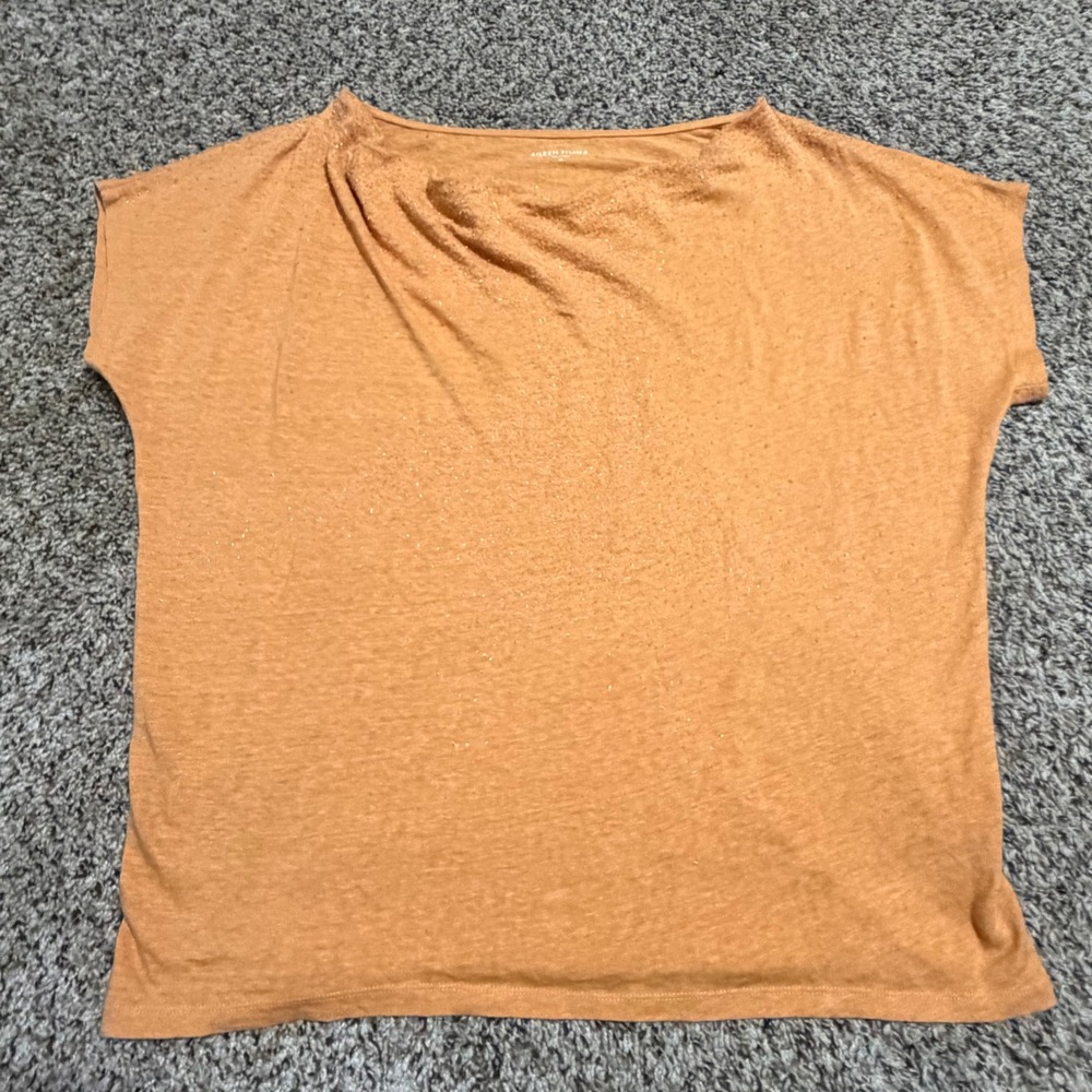 Eileen Fisher Womens Medium Orange Beaded Cowl Neck 100% Linen Boxy Top Blouse